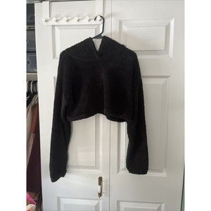 Shein Women’s Black Cropped Sherpa Pullover Hoodie (Size L)